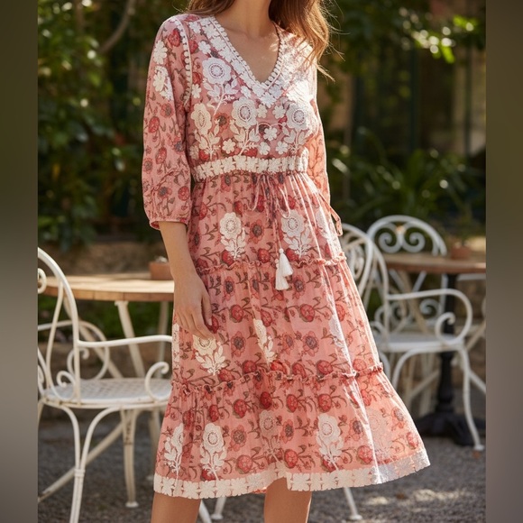 Dresses & Skirts - Pink Floral Embroidered Dress with Cream Lace Detail Size XL- cottagecore